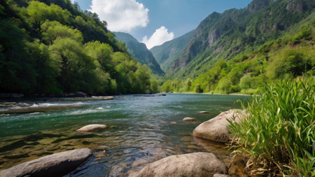 Mountain river in the Caucasus, Russia. Beautiful summer landscape.の写真素材