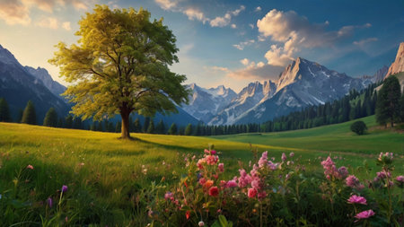 Panoramic view of a meadow with flowers and a tree in front of the mountainsの写真素材