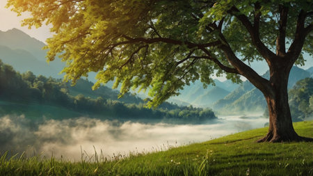 Beautiful summer landscape with big tree and foggy meadow.の写真素材