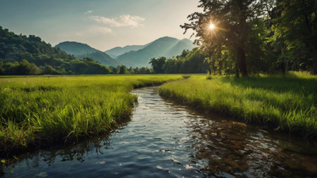 Landscape of rice field and river in the morning at Chiangmai, Thailandの写真素材