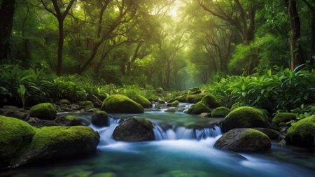 beautiful waterfall in the forest with green moss and sunlight in morningの写真素材