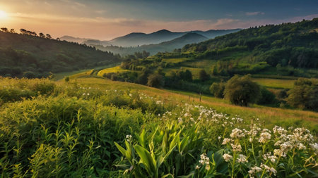 Sunset over the meadows of the Ukrainian Carpathian Mountains