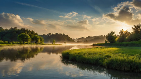 Beautiful sunrise over the river in the summer. Landscape.の写真素材