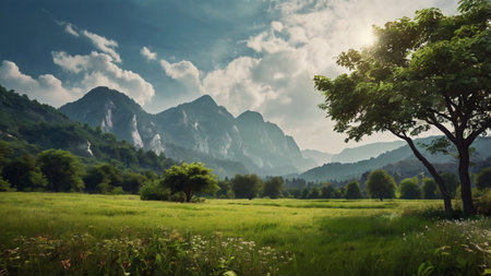 Mountain landscape with green meadow and trees at sunny day.の写真素材