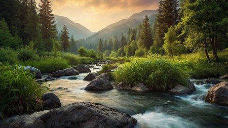 Mountain river at sunset. Beautiful summer landscape. Mountain river.の写真素材