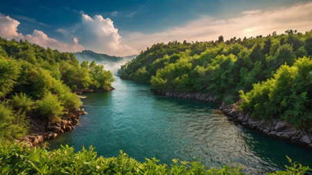Panoramic view of the turquoise waters of the Krka river in Croatiaの写真素材