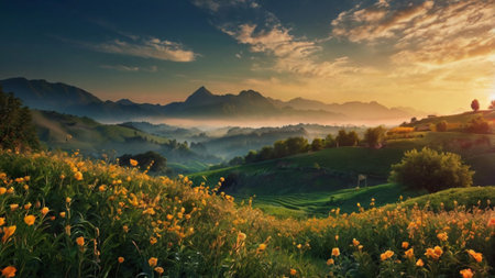 Sunset over the valley with yellow poppies and mountains in the backgroundの写真素材