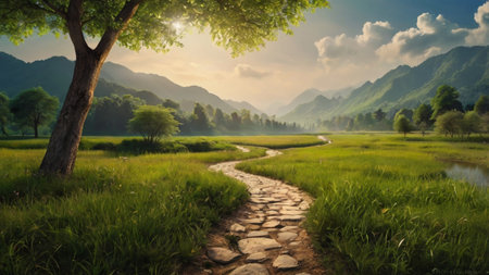 Panoramic view of a path in the meadow at sunset.の写真素材