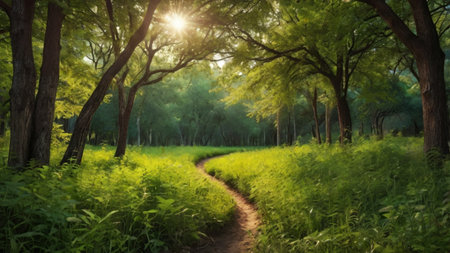 Beautiful green forest with sunlight in the morning. Nature background.の写真素材