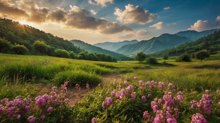 Panoramic view of beautiful landscape with meadow and pink flowers at sunsetの写真素材