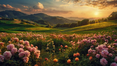 Meadow with pink peonies at sunset in Carpathian mountains