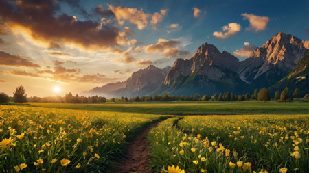 Sunrise over daffodils field in Dolomites, Italyの写真素材