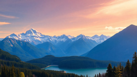 Beautiful mountain lake at sunset in the Canadian Rockies. Panoramaの写真素材