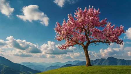 Pink cherry blossom tree on a green meadow against the background of mountainsの写真素材