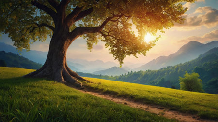 Beautiful summer landscape with old oak tree and meadow at sunset