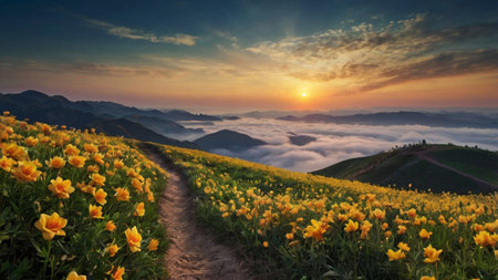 Sunrise over the mountains with yellow flowers in the morning, Taiwanの写真素材