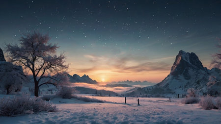 Winter mountain landscape with snow covered trees and starry sky at sunsetの写真素材