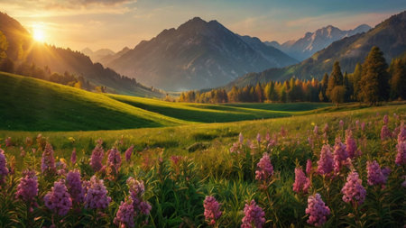 Panoramic view of alpine meadow with blooming flowers at sunset.の写真素材