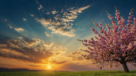 Beautiful spring landscape with blooming tree on sunset sky background.の写真素材