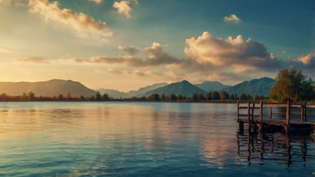 Beautiful sunset on the lake with mountains in the background. Panorama
