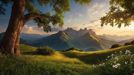 Beautiful summer landscape with a large tree in the foreground and mountains in the backgroundの写真素材
