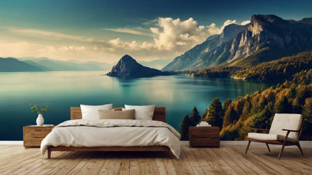 Wooden bed with pillows on the lake and mountains on backgroundの写真素材