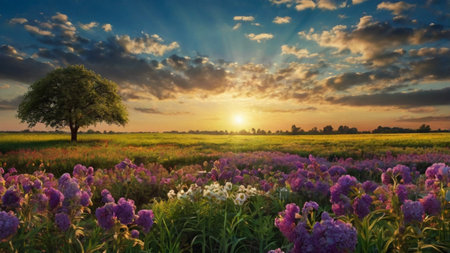Sunset over a field of hyacinths and a treeの写真素材