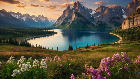 Beautiful alpine lake in Canadian Rockies. Summer landscape. Beauty world.の写真素材