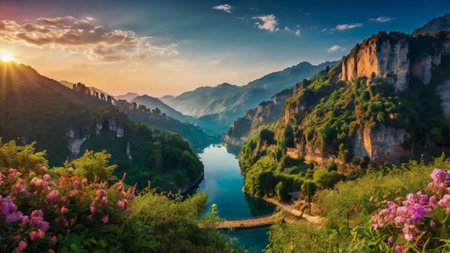 Panoramic view of the river and mountains at sunset. Beautiful summer landscape