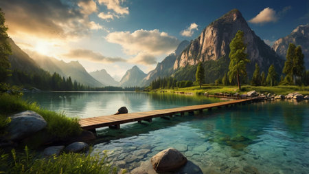 Mountain lake with wooden pier in front of the mountains at sunsetの写真素材