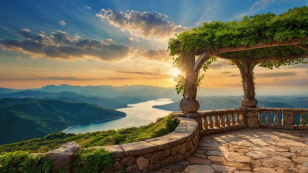 Sunset on the top of the mountain with a beautiful view of a lake, Italyの写真素材