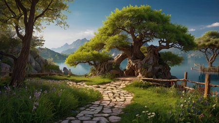 Beautiful summer landscape with pine tree on the background of mountains.の写真素材