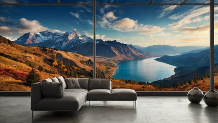 Panoramic view of the lake in the mountains.3d renderの写真素材