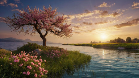 Beautiful spring landscape with blooming tree on the bank of the riverの写真素材