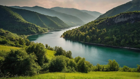 Beautiful summer landscape with river and mountains. Panoramic view