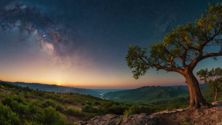 Milky Way over a tree in the mountains. Beautiful starry sky.の写真素材