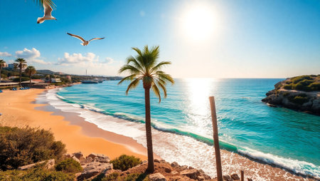 Tropical beach with palm trees and seagulls at sunsetの写真素材