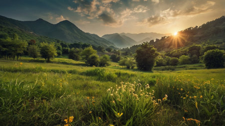 Sunset over the meadow in the mountains. Summer landscape.の写真素材