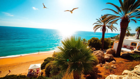 Tropical beach and palm trees in Spainの写真素材