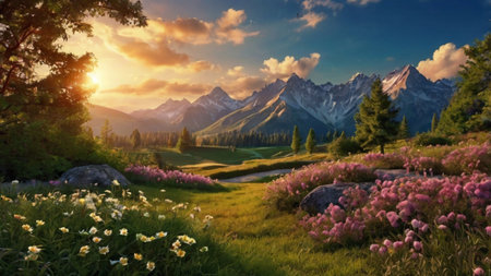 Panorama of alpine meadow with blooming flowers at sunsetの写真素材
