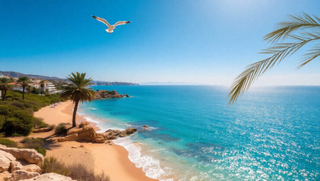 Seagulls flying over a sandy beachの写真素材