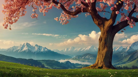 Beautiful spring landscape with blooming sakura tree and mountains.の写真素材