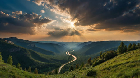 Sunset in the mountains. Beautiful summer landscape. Carpathians, Ukraineの写真素材