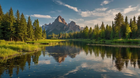 Panoramic view of the mountain lake in the Dolomitesの写真素材