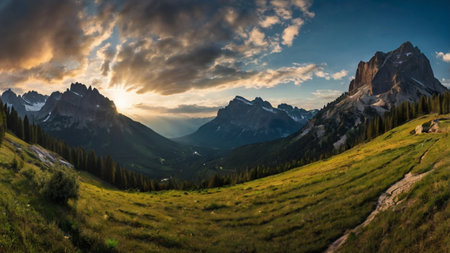 Panoramic view of the Dolomites at sunset, Italyの写真素材