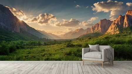 Comfortable armchair against the backdrop of mountains. 3d render