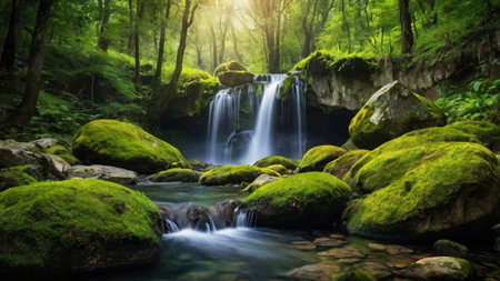 Beautiful waterfall in the forest. Panoramic view of a waterfall in the forest.の写真素材