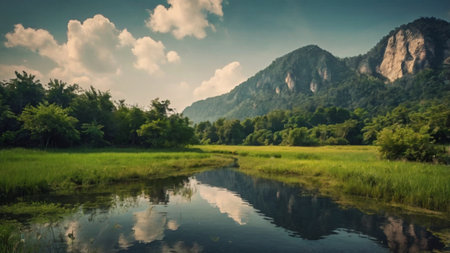 Landscape view of rice field and mountain in Vang Vieng, Laosの写真素材