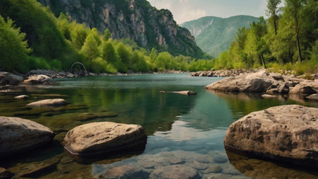 Beautiful mountain river with clear water and green forest on background.の写真素材
