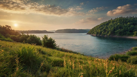Panoramic view of the coast of the lake at sunset.の写真素材